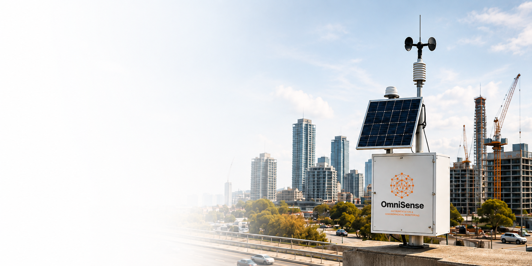 A solar-powered OmniSense environmental monitoring station — mast-mounted solar panel, anemometer and weatherproof instrument enclosure — overlooking a city skyline with active construction cranes.