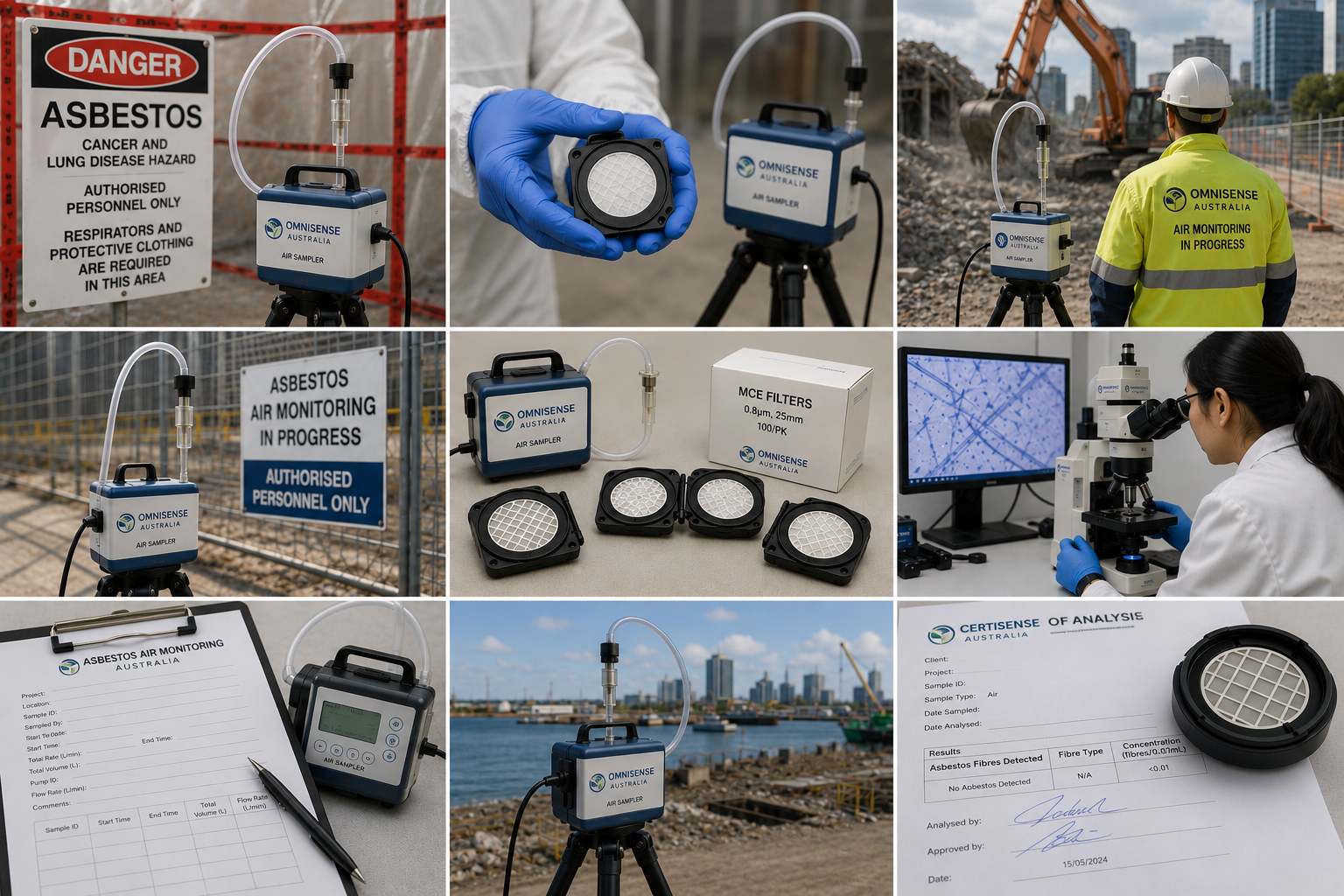 OmniSense asbestos air monitoring — air samplers, MCE membrane filters, occupational hygienist analysis under phase-contrast microscopy and a NATA certificate of analysis.