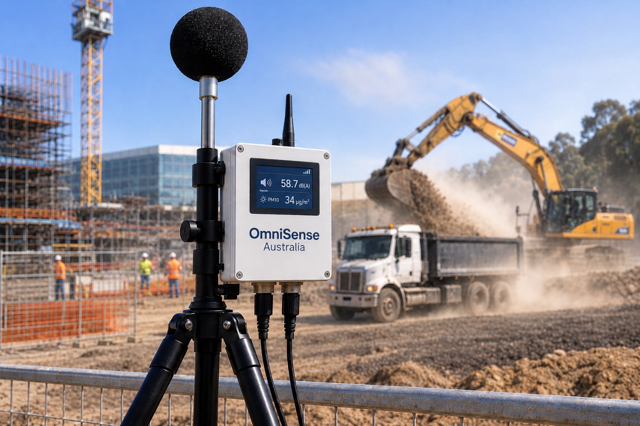 OmniSense Class 1 sound level meter on a tripod monitoring noise at an active construction site with earthmoving machinery.