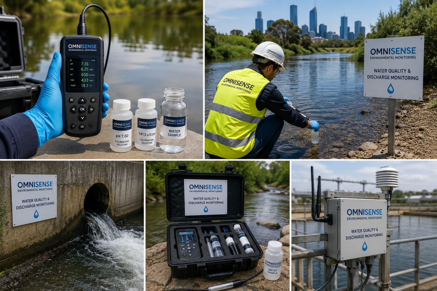 OmniSense water quality and discharge monitoring — handheld multi-parameter meter, riverside sampling, discharge outfall and telemetry station beside a Victorian waterway.