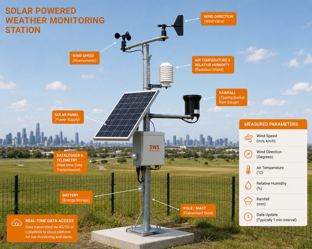 Solar-powered weather monitoring station showing wind speed (anemometer), wind direction (vane), air temperature and relative humidity (radiation shield), rainfall (tipping bucket gauge), solar panel, datalogger and telemetry, battery and mast — with measured parameters.